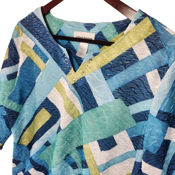 Alfred Dunner Textured Blue and Green Abstract Blouse 3/4 Sleeve Large - Picture 2 of 7